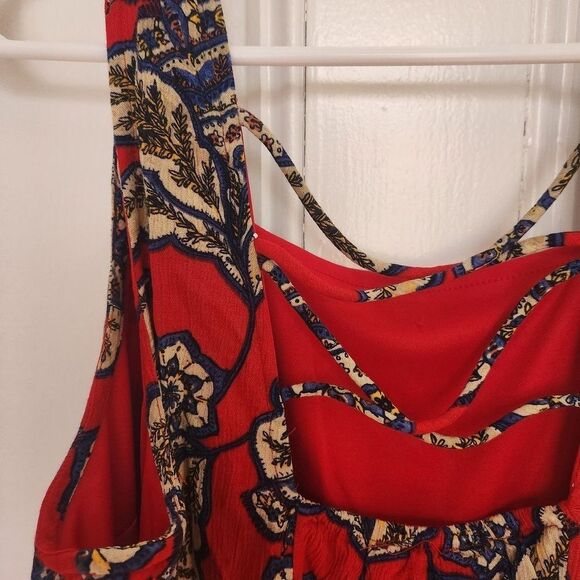 Maurices  Skater Dress Red Floral Ruffle Hem Lattice Back Size Small Boho - Picture 7 of 9